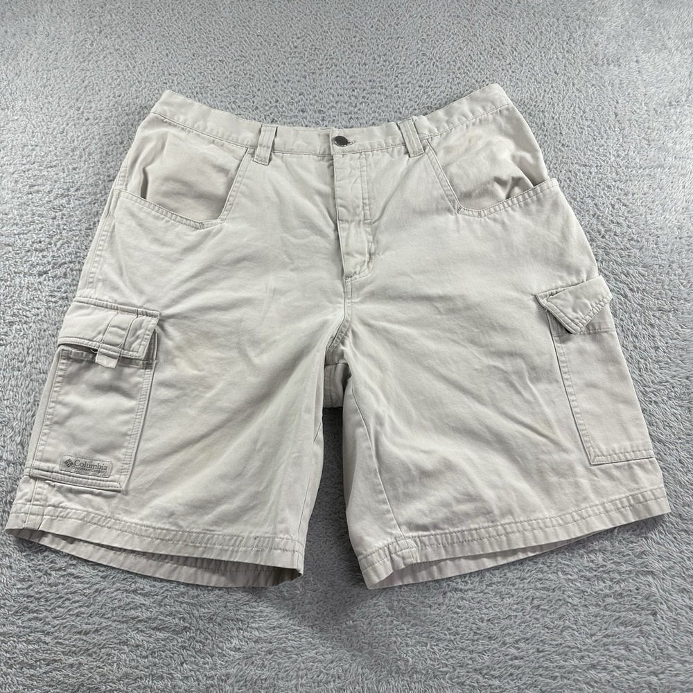 Columbia Cargo Shorts Mens 36 (33) Ivory Beige Khaki‎ Workwear Distress